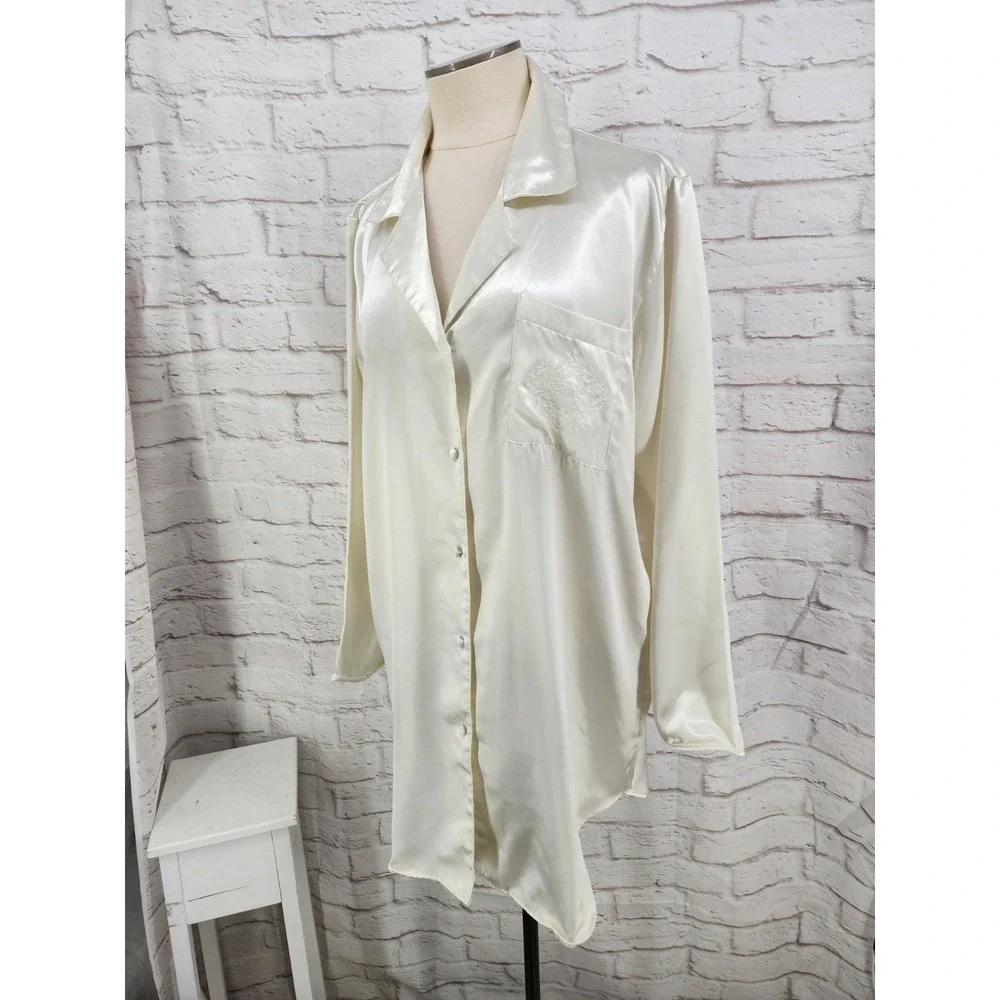 Adonna Satin Sleep Shirt Dress Long Sleeve Bridal White Embroidered Crest Large